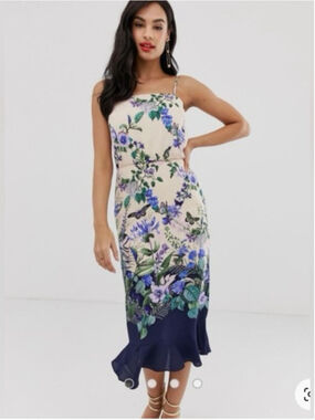 Oasis Fitzwilliam Museum Floral Butterflies Navy Cream Lilac Midi Dress Sz US 6